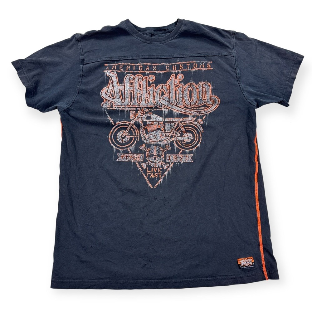Affliction‎ Shirt Men's 2XL Black Orange Grunge Alt Streetwear Y2K